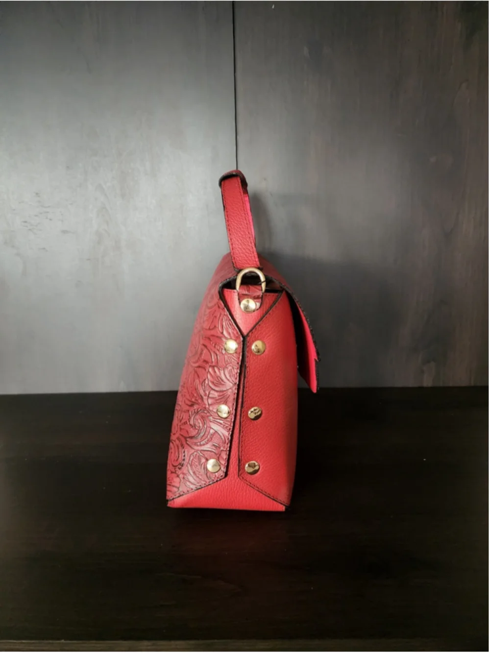 Red Floral Studded Embossed Artisan LEATHER Purse Handbag Crossbody Bag